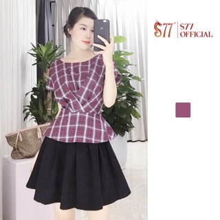 Áo cộc tay kẻ caro màu đỏ xếp ly eo dáng peplum s77.sp007080