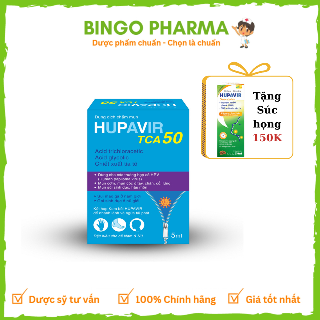 Hupavir TCA 50 – Chấm rụng sùi, mụn cơm, mụn cóc tay, chân, cổ, lưng (10ml)