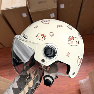 Mũ Bảo Hiểm Hello Kitty Mũ Trơn Dán Sticker Kèm Kính Có Ảnh Thật