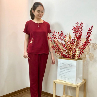 Đồ bộ đũi trung niên quần dài áo cộc tay - Quần áo mặc nhà người già cho mẹ cho bà mát đẹp ống đứng nhỏ