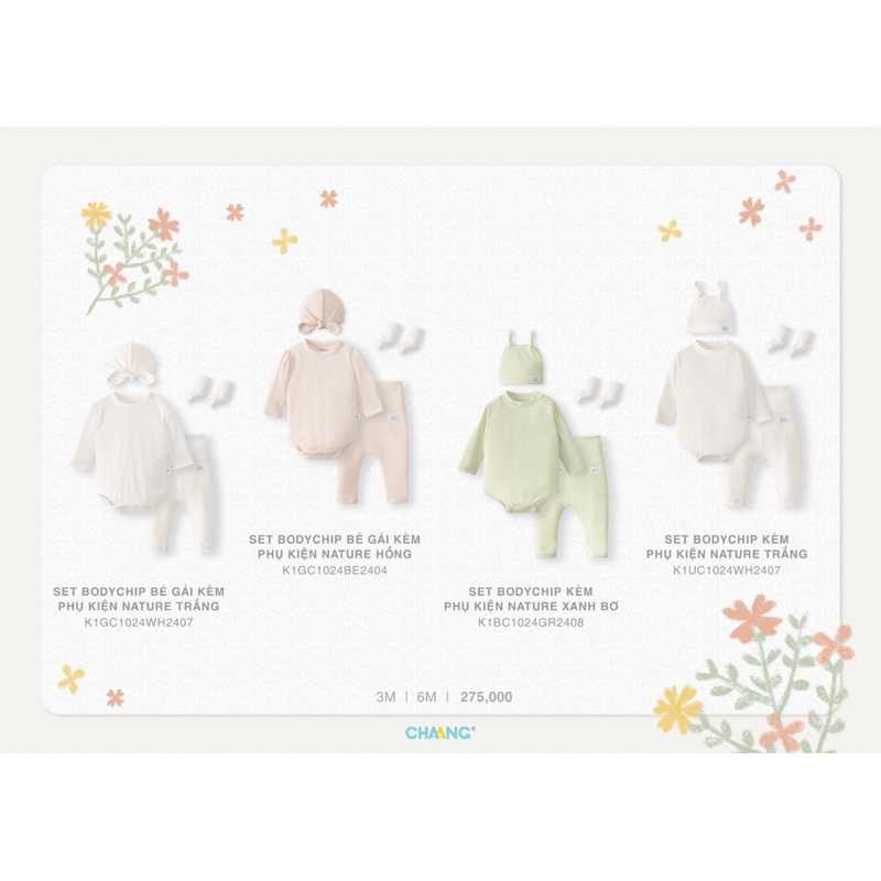 Set bodychip cúc vai kèm phụ kiện sơ sinh Nature Chaang