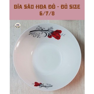 Dĩa tròn sâu gốm sứ họa tiết hoa đỏ