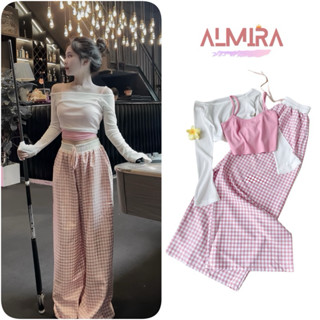 Sét Bộ 3 Món Màu Hồng Gồm Áo 2 Dây + Áo Trễ Vai Croptop Dài Tay Chất Thun Giấy Xuyên Thấu + Quần Suông Kẻ