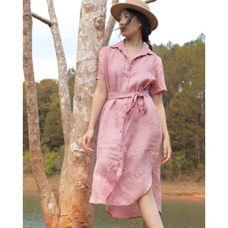 Đầm suông sơ mi tay cộc dáng dài kèm đai rời Larisrose, chất vải Linen bột Premium, form váy suông không kén dáng V25