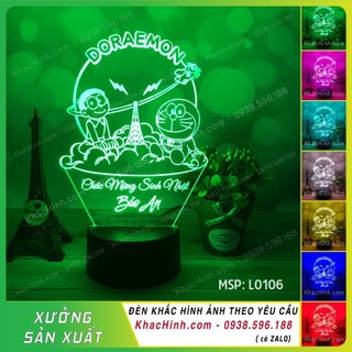 Đèn ngủ Doremon và Nobita, Đèn ngủ decor quà tặng cho bé, Đèn led đổi màu khắc nội dung theo yêu cầu