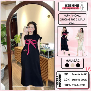 Đầm bầu xinh HIENNE,  váy bầu mùa hè dáng xuông tay bèo , chất cotton mềm nhẹ mát, hoạ tiết nơ nổi bật
