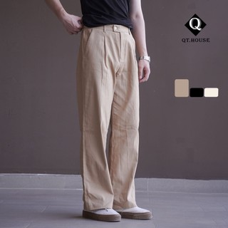 Quần kaki nam Qthouse ống rộng dáng đứng vải cotton thiết kế lưng chun cạp cao form suông