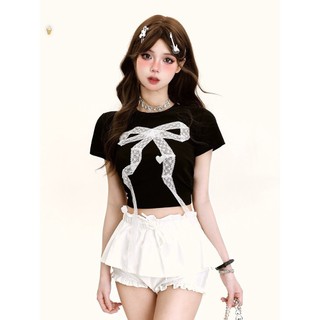 Áo kiểu croptop tay ngắn may nơ ren trước ngực cực xinh , chất thun bozip dày dặn
