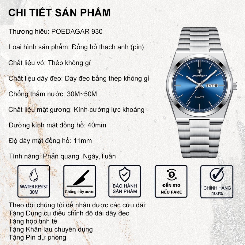 Đồng hồ Nam POEDAGAR - PRX nam tính (Tặng full phụ kiện: Hộp, Pin, Tháo mắt dây)