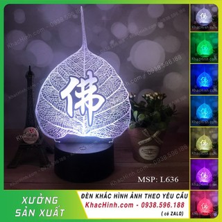 Đèn led lá Bồ Đề khắc chữ Phật, Đèn thờ phật giáo, Đèn led đổi 16 màu khắc nội dung theo yêu cầu