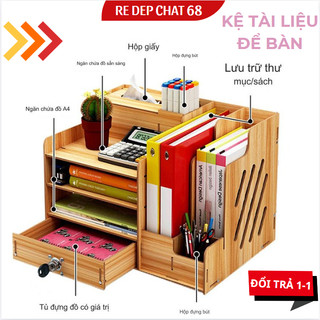 Kệ gỗ đa năng để bàn làm việc, Kệ văn phòng đa năng để A4, tệp tài liệu, bút, giấy ăn tiện lợi