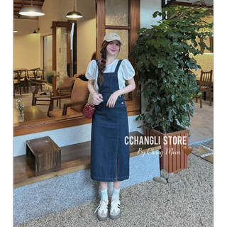Set đầm midi yếm jean xẻ + áo trắng tay phồng trơn / set đầm yếm jean kèm áo trễ vai tay bo phồng