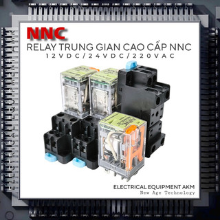 Rơ Le Trung Gian Cao Cấp NNC-CÓ NÚT TESThân & 14 Chân Tặng Kèm Đế Có Đóng Ngắt Bằng Tay (12VDC/24VDC/220VAC-5A/6.5A/12A)