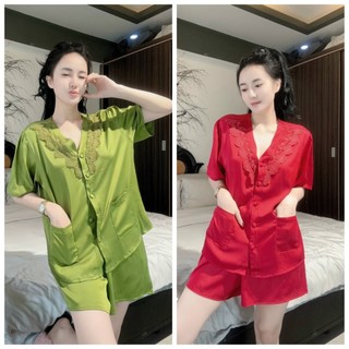 Đồ Bộ Đùi Tay Ngắn Họa Tiết Ren Nút Bọc Chất Latin Mềm Mịn, Free Size 42-68kg