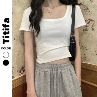 Áo kiểu nữ tay ngắn cổ vuông dáng ôm tôn dáng, áo thun kiểu cổ U tay cộc tôn dáng HL086 - Titifa Shop