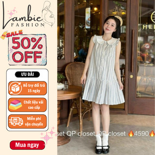 Váy bầu, đầm bầu thời trang LAMBIE dáng babydoll kẻ sọc đuôi cá xếp ly phối cổ sen trắng sát nách viền bèo new hot 2024