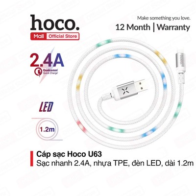 Cáp sạc Hoco U63 USB dùng cho ip7/8/X/11/12 sạc nhanh 2.4A, nhựa TPE bền, đèn LED phát sáng trên dây, dài 120cm