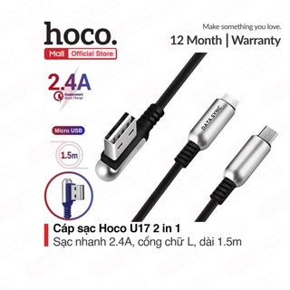 Cáp sạc Hoco U17 2in1 sạc nhanh 2.4A đầu USB chữ L chống gẫy, dây bện dù chống gập, dài 1.5m