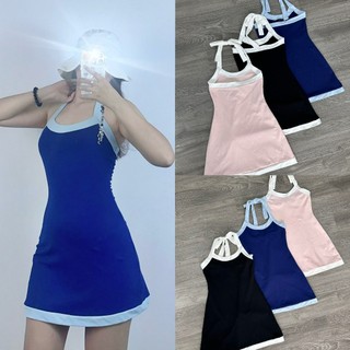 HIPU.VNXK - Đầm thun F21 phối đường  màu cột cổ yếm hở lưng dáng ôm và xòe.