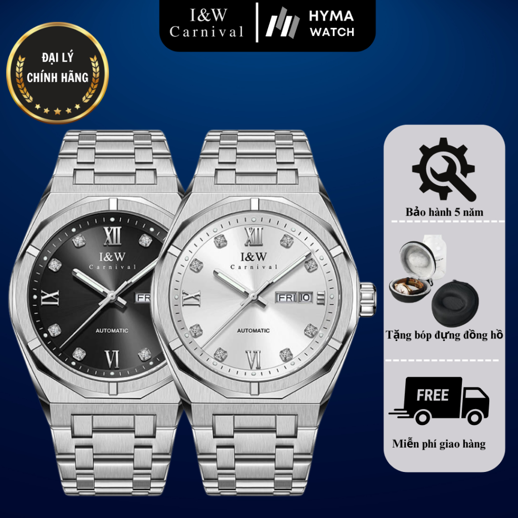 Đồng hồ cơ Nam Carnival I&W 751G Dây thép mặt tròn Bảo hành 5 năm Hyma Watch