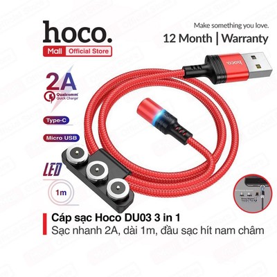 Cáp sạc đầu hít nam châm Hoco DU03 3 in 1 (ip/Micro/Type-c ),sạc nhanh 2A,dài 1m đầu sạc từ tính dễ dàng sử dụng