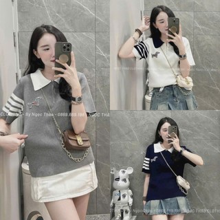 Áo len nữ cộc tay phối thome cổ bẻ kèm khóa size s m - halinh shop - áo len thome phối tay cổ bẻ kéo khóa xịn
