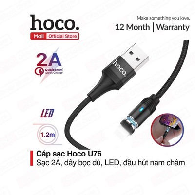 Cáp sạc nam châm Hoco U76 USB to IP dùng cho ip7/8/X/11/12 sạc nhanh tối đa 2A, có đèn LED, dài 1.2m
