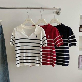Áo len montoghi cộc tay cổ polo xẻ V mỏng nhẹ thêu ngựa Vintagevibes.