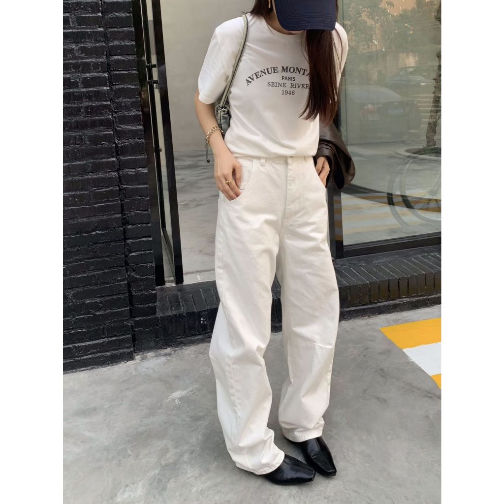 Quần kaki jean nữ trắng nữ Ống rộng Lưng cao Retro Hàn Quốc Quần bò kaki nữ Cạp cao Dáng suông Màu Trắng
