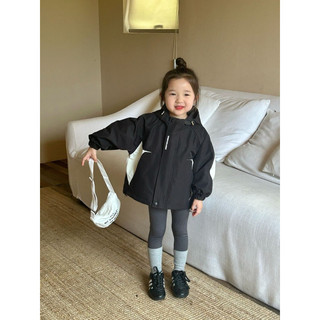 [HÀNG OD] S48 Set áo khoác có mũ phối màu tương phản + quần legging xám năng động cá tính ấm áp thu đông 2024 cho bé gái