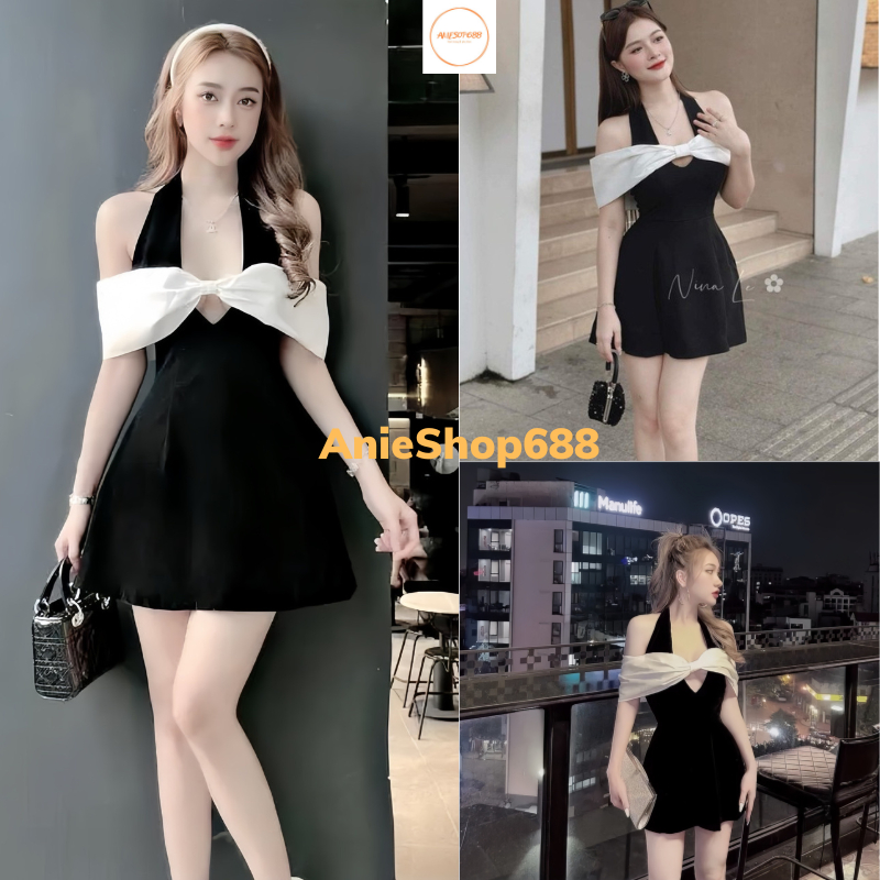 Đầm cổ yếm phối nơ trắng, khoét ngực dáng ngắn dự tiệc sang chảnh chất kaki 2 lớp ,váy cổ yếm trễ va