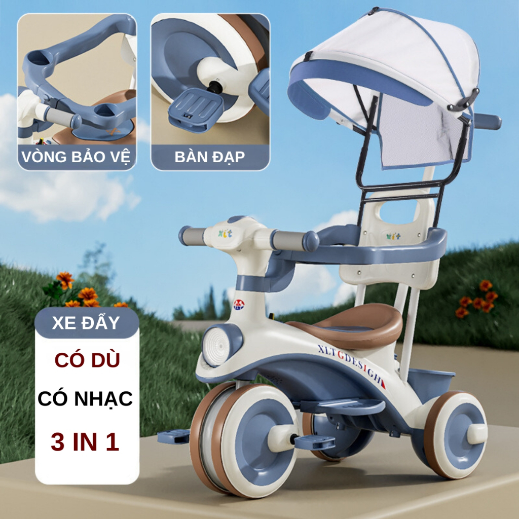 Xe đẩy ba bánh có đèn nhạc Kiêm xe đạp 3 bánh cho bé từ 1- 5 tuổi BABYHOPE