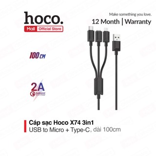 Cáp sạc hoco x74 3-in-1 usb to micro+type-c+ln sạc 2.0a dành cho smartphone/android/ln dài 100cm
