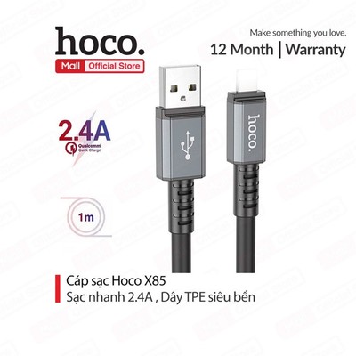 Cáp sạc 2.4A Hoco X85 USB to IP dùng cho ip7/8/X/11/12/13/14 dây dẻo truyền dữ liệu ổn định dài 1M ( Đen )
