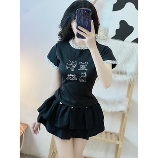 áo thun nữ tay ngắn viền ren tay và cổ in cún trước