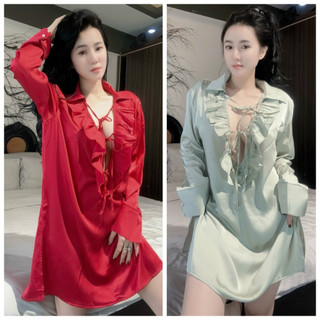 Đầm Váy Ngủ Sơmi Bigsize Cổ Bèo Cột Nơ Xẻ Tà Chất Lụa Latin mềm Mịn Free Size 42-65KG