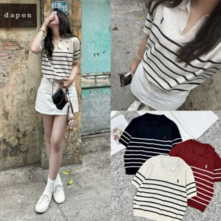 Áo Polo Len Mongtogi Kẻ Ngang Thêu Logo Ngựa phong cách Hàn Quốc - Áo len mỏng cộc tay The Present