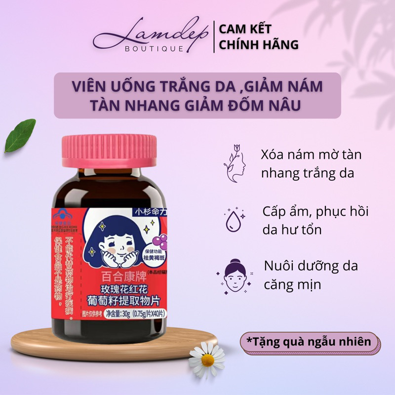 Viên Uống Trắng Da, Giảm Nám Tàn Nhang Hạt Nho Hoa Hồng Bột Proanthocyanidin Vitamin CE- Giảm Mụn, Thâm Hộp 40v