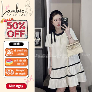 Váy bầu, đầm bầu thời trang LAMBIE dáng babydoll công sở cổ tròn phối dây nơ,phong cách tiểu thư cực xinh cho các mẹ