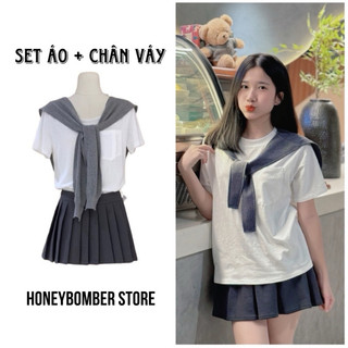 Set Váy Thuỷ Thủ 3 Món Kèm Khăn Choàng 🌸 Váy xếp ly Áo Túi phong Cách Ulzzang🌸