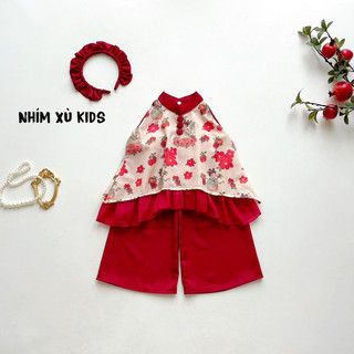 Sét yếm hoa đỏ nhím xù kids cho bé gái 1 tuổi đến 8 tuổi s033