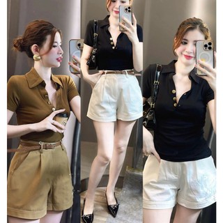  Áo Polo nữ Cổ Trụ Mix cúc kiểu dáng body chất Cotton Bozip mềm mịn co giãn 4 chiều 