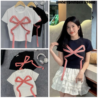 Áo Croptop Nơ Kẻ Đỏ Dễ Thương 🌸 Áo Croptop Nữ Form Ôm Tôn Dáng Phong Cách