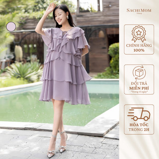 Đầm bầu sachimom - váy bầu voan tầng phối cổ bèo tiểu thư emi dress