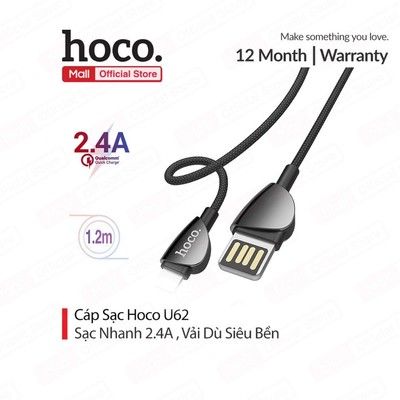 Cáp sạc 2.4A Hoco U62 USB to IP dùng cho ip7/8/X/11/12 dây dù cao cấp dài 1.2M