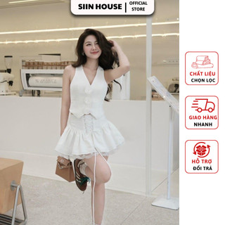 Sét 2 món: áo gile 3 hoa + chân váy xếp ly xoè phối ren - ellen set