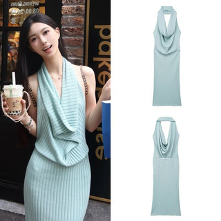 ( ORDER ) Đầm Body Len Tăm Cổ Đổ Hở Lưng Màu Xanh