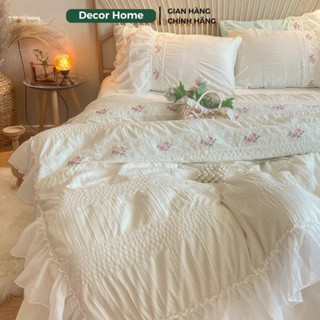 Bộ ga gối và vỏ chăn Cotton Đũi cách điệu Dúm Bèo thêu Hoa Hồng phong cách tiểu thư, bộ chăn ga Bèo tiểu thư Decor Home