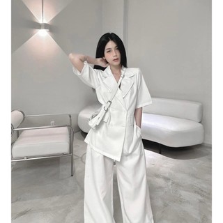 Set bộ vest cộc tay quần suông ống rộng, set bộ vest cổ V mix quân dài hack dáng 2 màu TRẮNG ĐEN thiết kế TỰ MAY