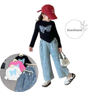 Bộ bé gái áo dài tay vạt nhọn và quần Jean nơ ống suông (ảnh thật) 10-30kg XHN1589